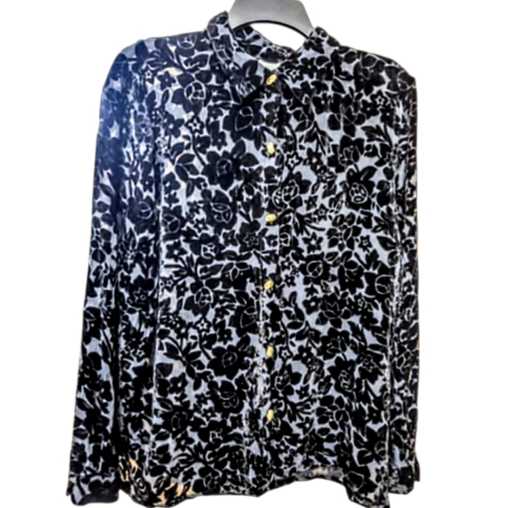 Vintage Black Burnout Velvet Floral Button Front Blouse | XL